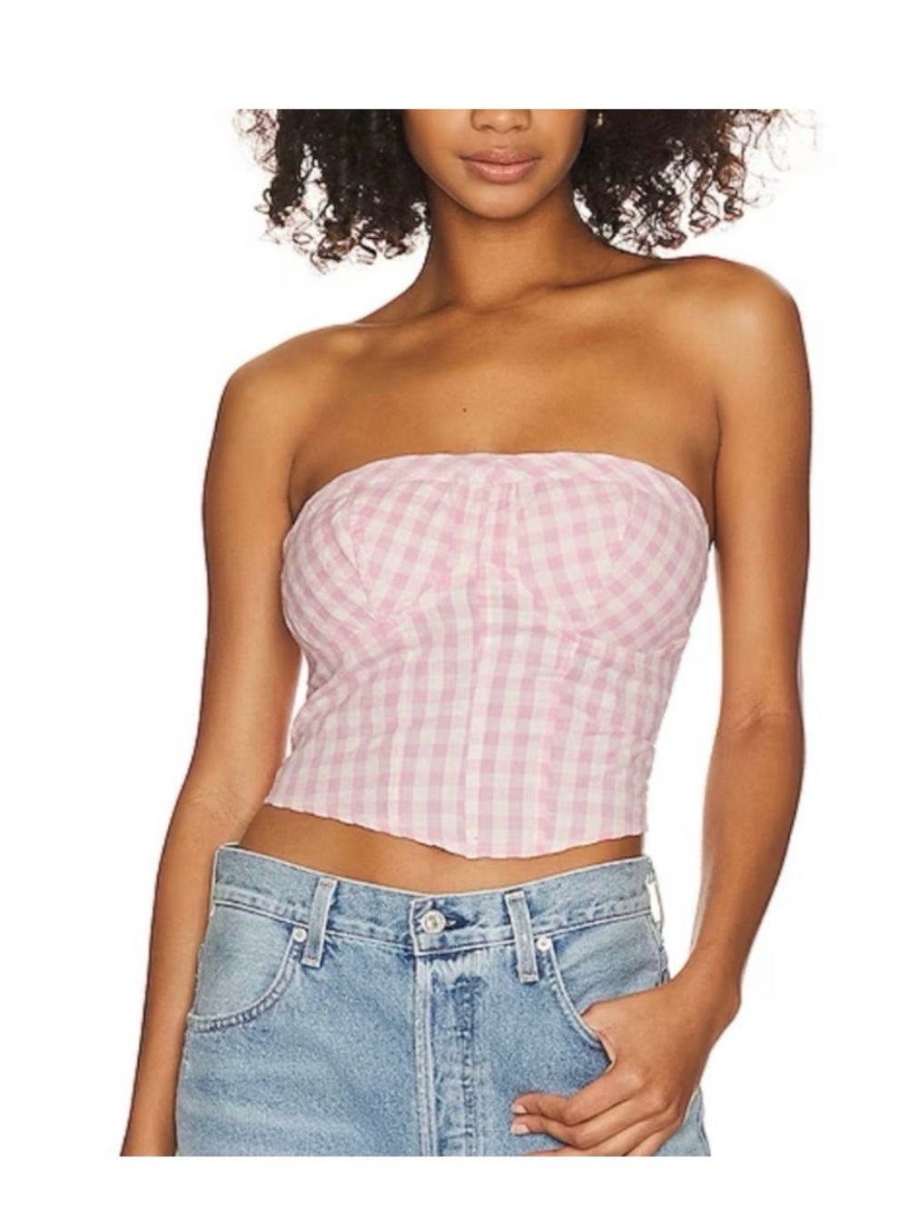 Free People Pink Gingham Strapless Crop Top